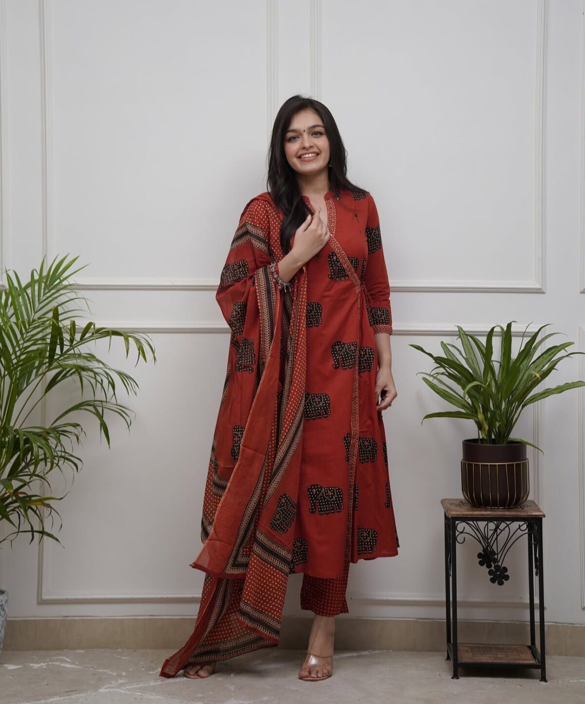 Elephant print, Cotton kurta set, A-line design, 3/4 sleeves, Dupatta, Pant