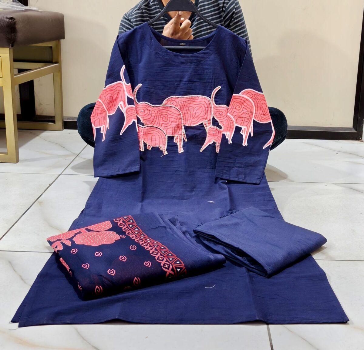 Elephant print, Cotton, A-line kurta set, straight cut, 3/4 sleeves