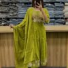 Embroidered Cotton Anarkali Kurta, Pant, Malmal Dupatta Set, Tier Pattern