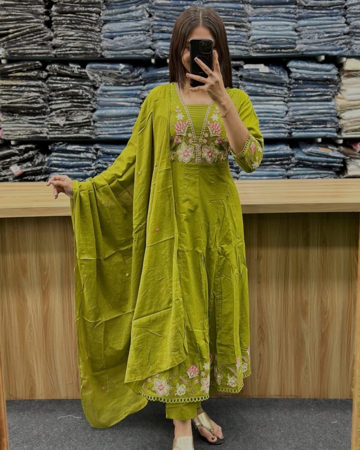Embroidered Cotton Anarkali Kurta, Pant, Malmal Dupatta Set, Tier Pattern