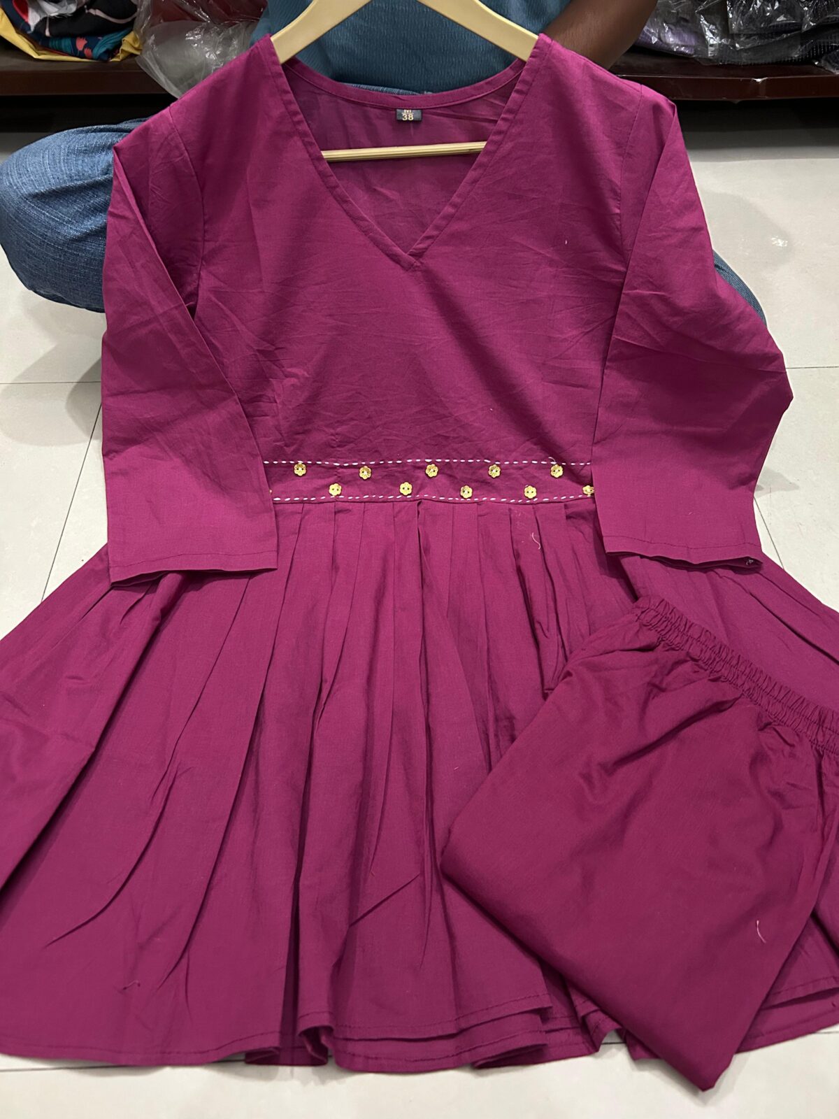 Hand-embroidered Cotton Flared Kurta, Flattering V-neckline, Structured Waist