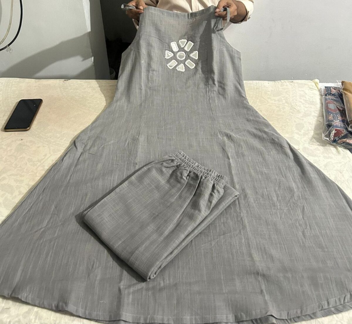 Pure Cotton, A-line kurta set, Plazoo neck, V-shape back, Mega sleeves