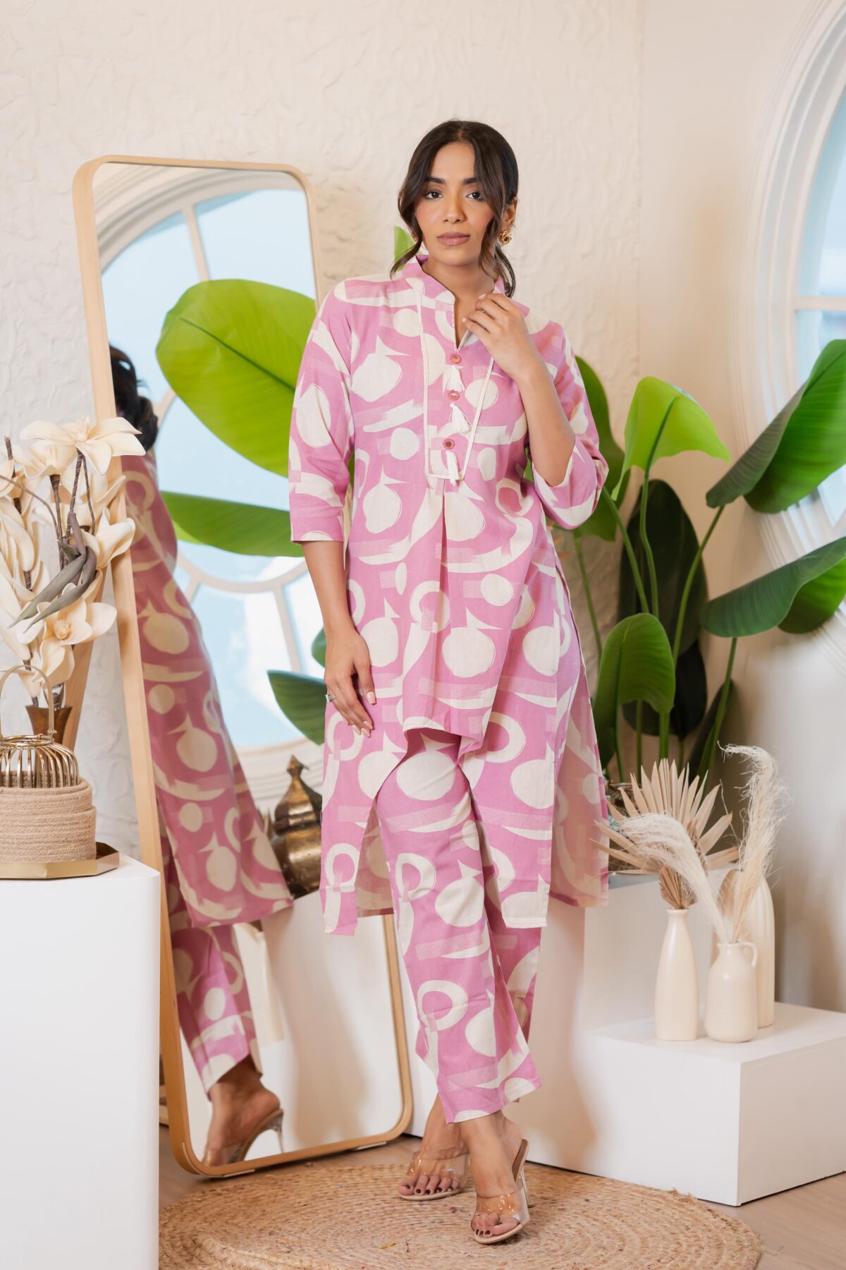 Blush cotton co-ord set, bold abstract floral prints, high-low kurta, straight Plazo pants
