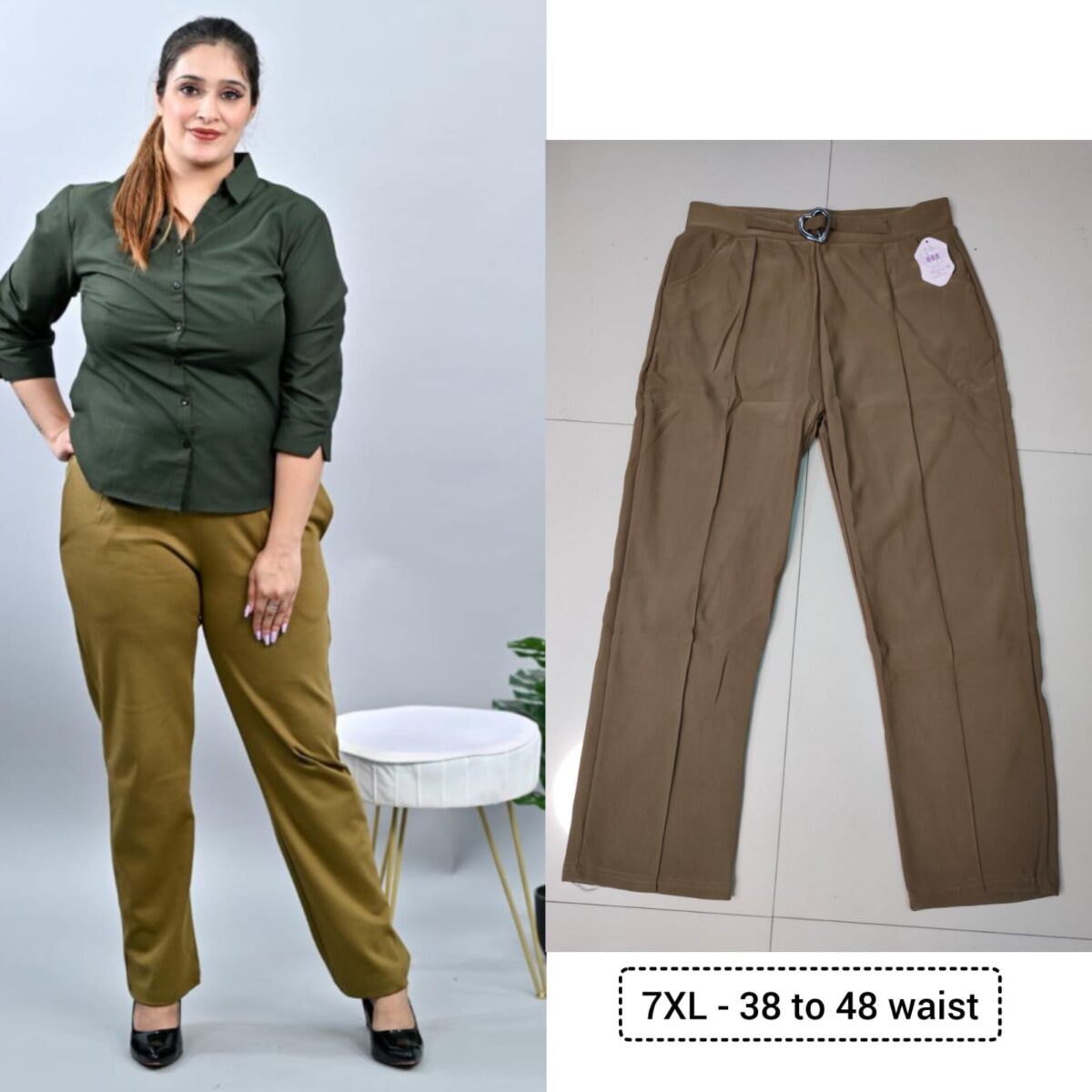 Straight pants, plus size, with pockets, thick stretchable fabric