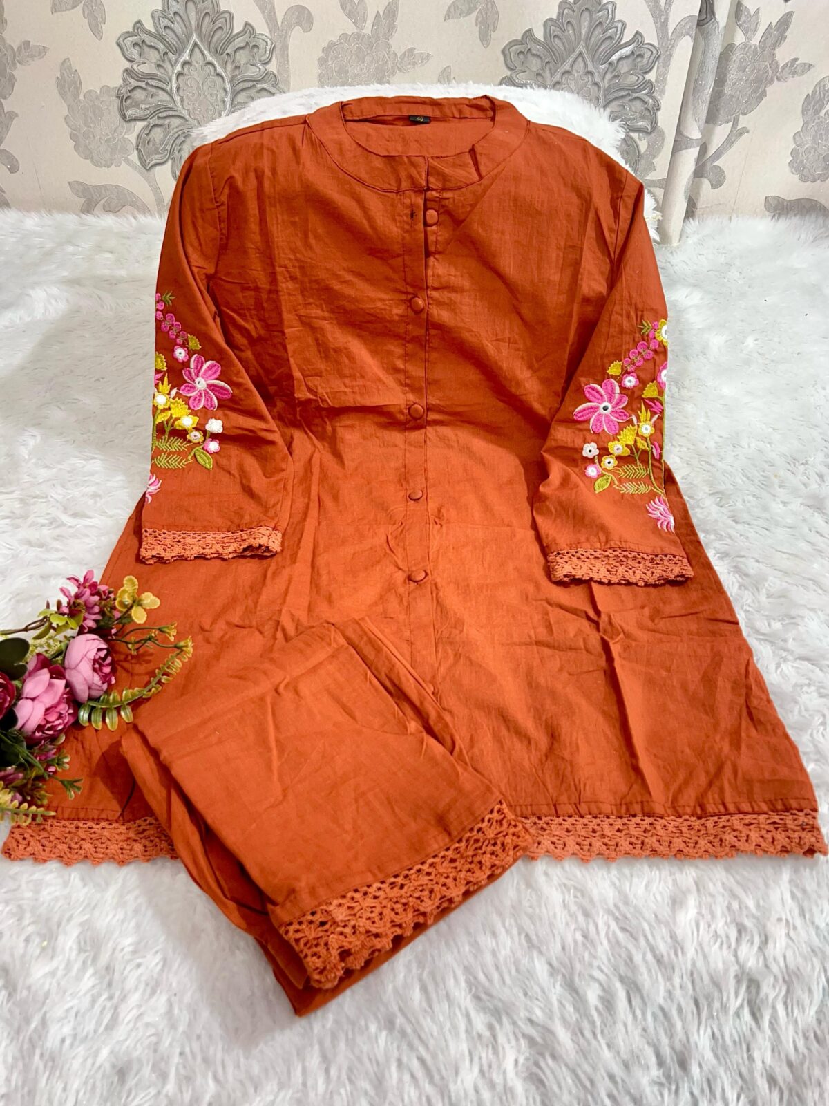 2-piece Cotton Co-ord Set, Hand Embroidery, Crochet Lace, Open Button Front, Pants with Pocket