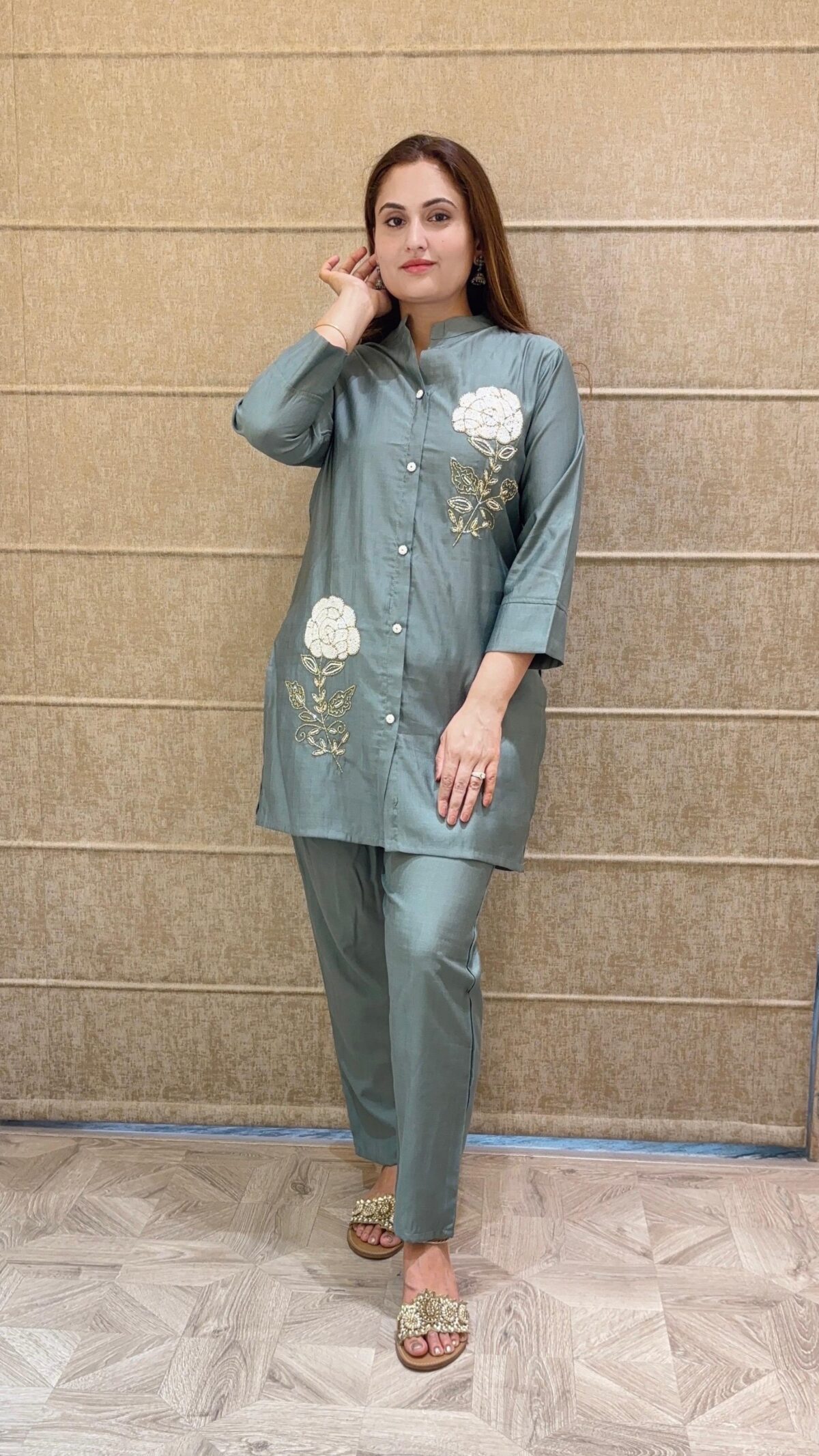 HRK Gorgeous top, matching pant set, premium pure maslin fabric, hand work