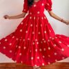 Daisy flower embroidery, Red & Lavender, Cotton Midi Kurti, Puff sleeves