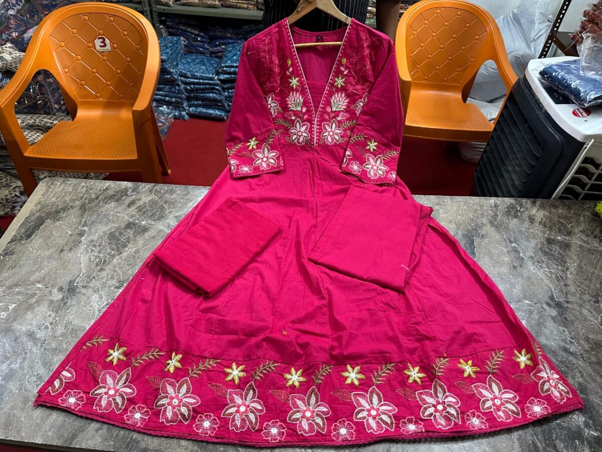 Embroidered Cotton Anarkali Kurta, Pant, Malmal Dupatta Set, Tier Pattern