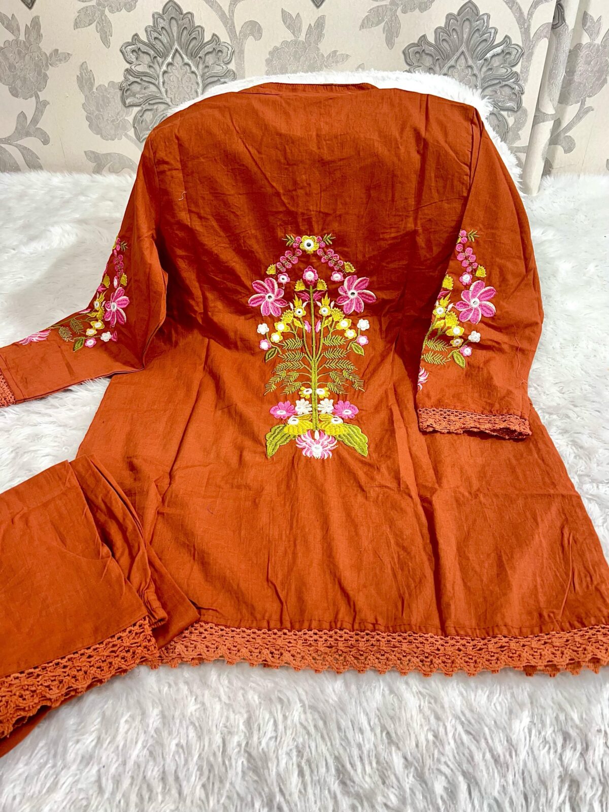 2-piece Cotton Co-ord Set, Hand Embroidery, Crochet Lace, Open Button Front, Pants with Pocket