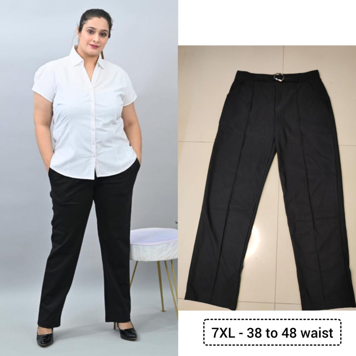 Straight pants, plus size, with pockets, thick stretchable fabric