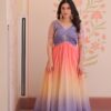 Designer Gold Crush Gown, Beads Embroidered Work, V Neck, Half Sleeves
