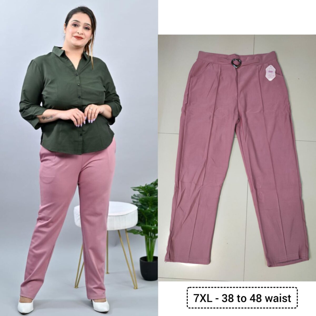 Straight pants, plus size, with pockets, thick stretchable fabric