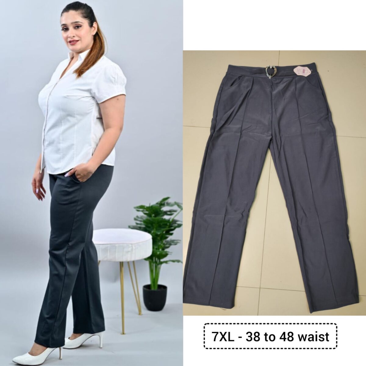 Straight pants, plus size, with pockets, thick stretchable fabric