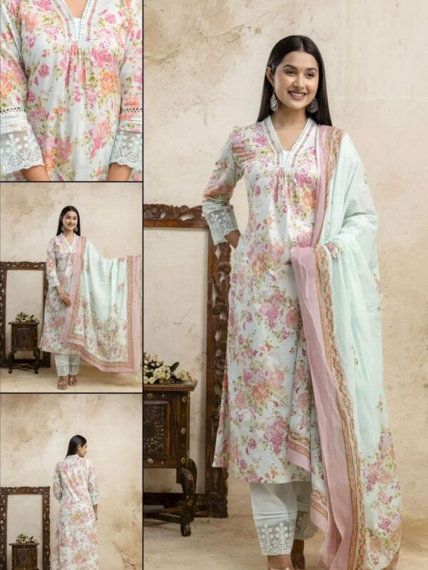 Hand-embroidered, Floral Anarkali Kurta, Cotton Pant, Organza Dupatta Set, Summer Color, Sequence Work