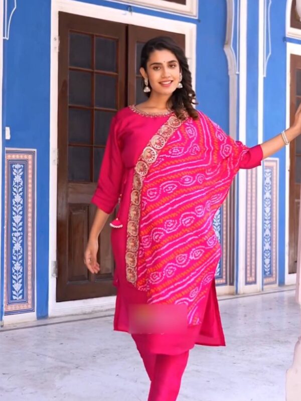Bandhej Dupatta with Kurti and Pant, Heavy Embroidery Sequence Work, Pure Cotton