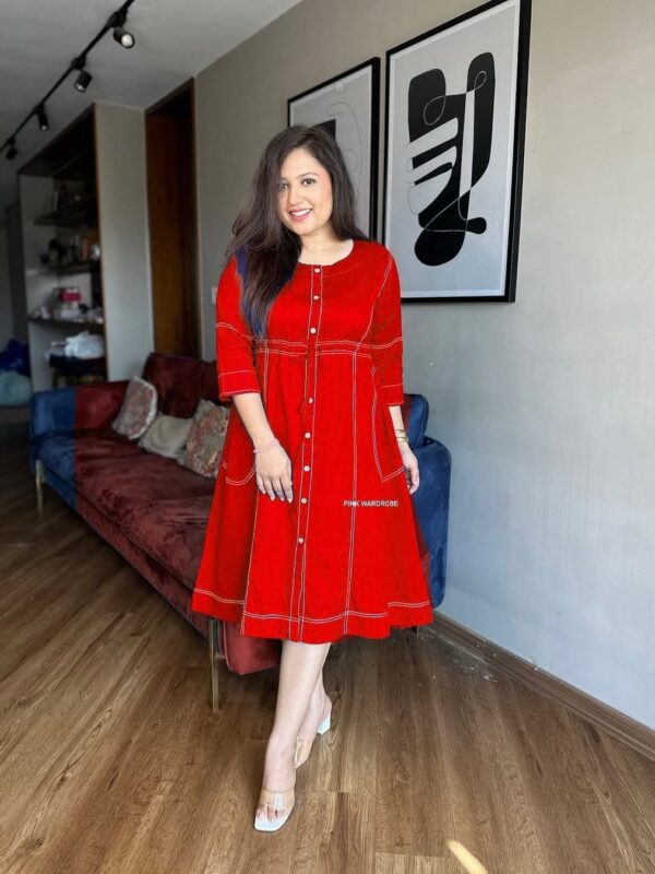 Denim look, stylish, charming, cotton slub, short dress, thread work
