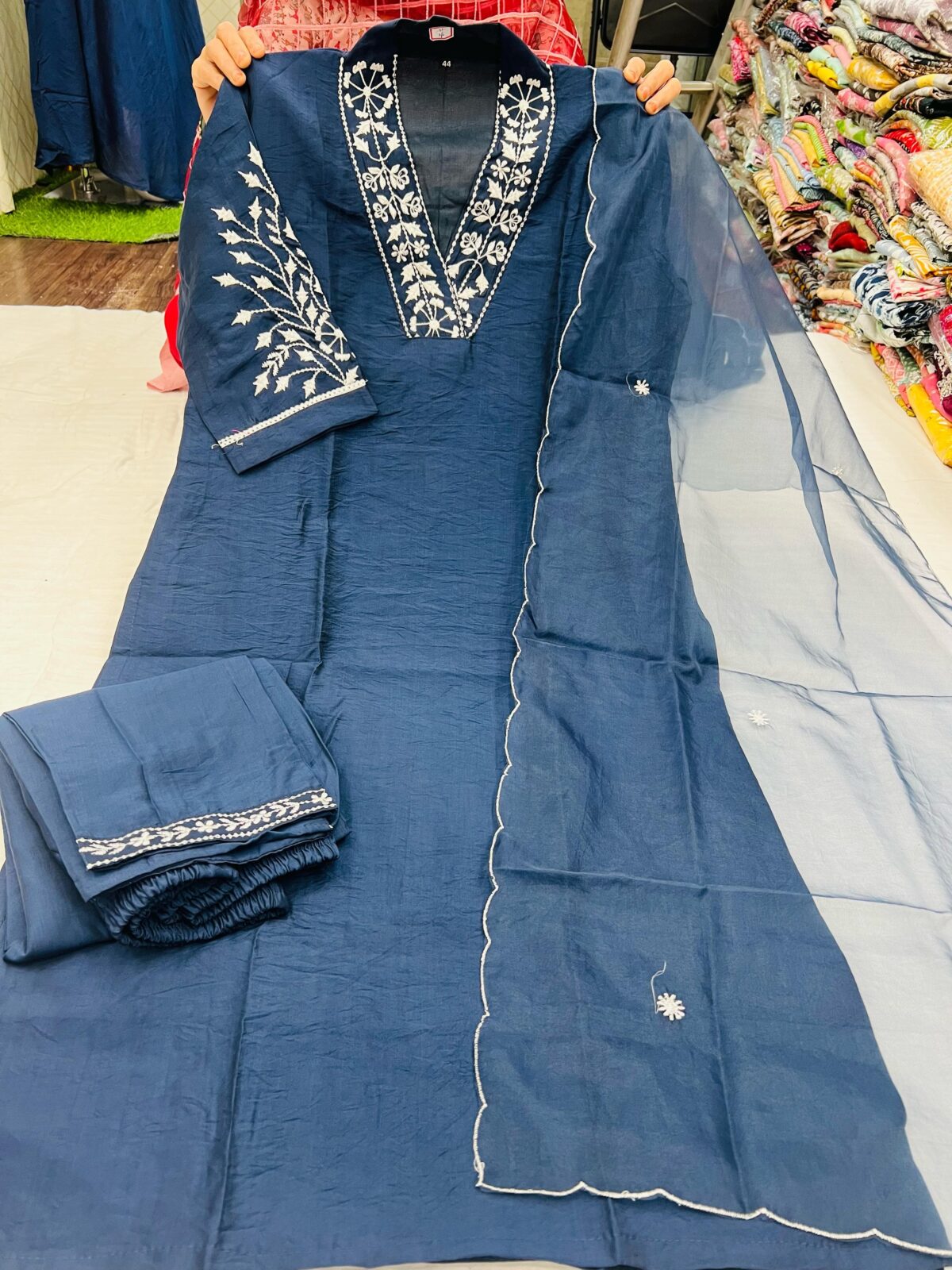 Pure Masleen Silk, Fancy Embroidered Kurti, Matching Pant, Argenza Dupatta, Plus Size Collection