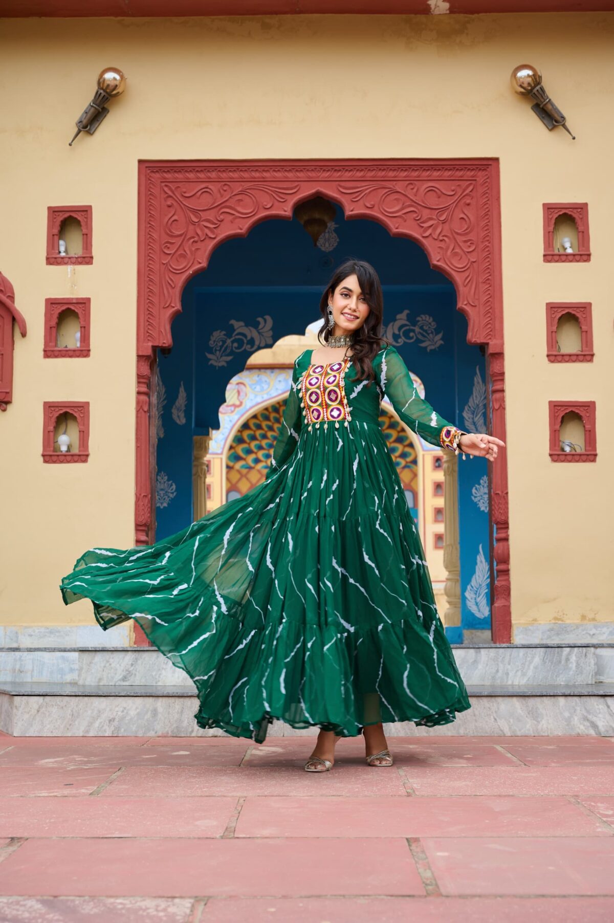 Laheriya print, kutchi patchwork, faux georgette gown, full sleeves, cotton lining, Navratri collections