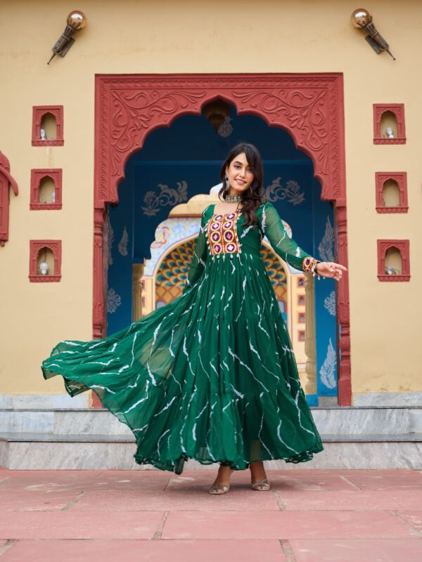 Laheriya print, kutchi patchwork, faux georgette gown, full sleeves, cotton lining, Navratri collections
