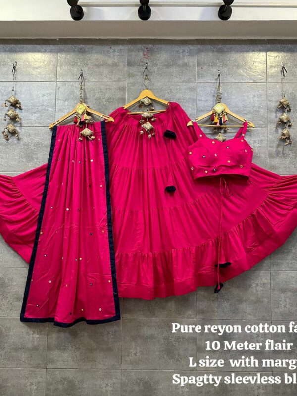 Spgatty chaniya with dupatta, Pure cotton fabric, 10 mtr flair, Mirror work, Sleeveless blouse
