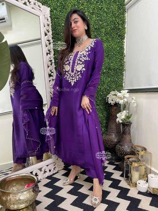 Heavy Sequins Zari Neck Yoke, Pure Cotton kurta, Matching Cotton Pant, Organza Dupatta