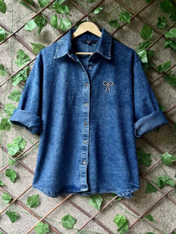 Embroidered Denim Shirt, Luxury Fabric, Intricate Stitching, Casual Wear, Women's Top, Free Size Design, Stylish Apparel, Versatile Outfit