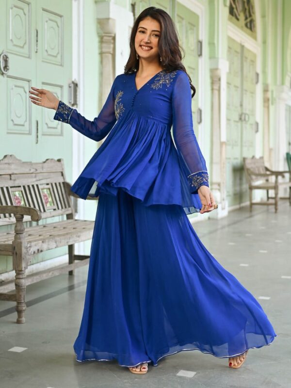 Peplum style top with matching sharara, pure premium chiffon fabric, hand work, elegant co-ord set, ethnic wear, party outfit, women's clothing