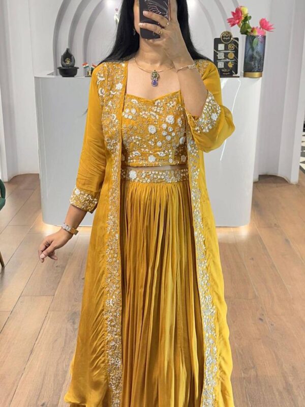 Mustard Yellow Embroidered Indowestern Lehenga Choli Set, Faux Georgette Fabric, Premium Thread & Zari Work, Stitched Blouse and Shrug, Traditional & Contemporary Fusion