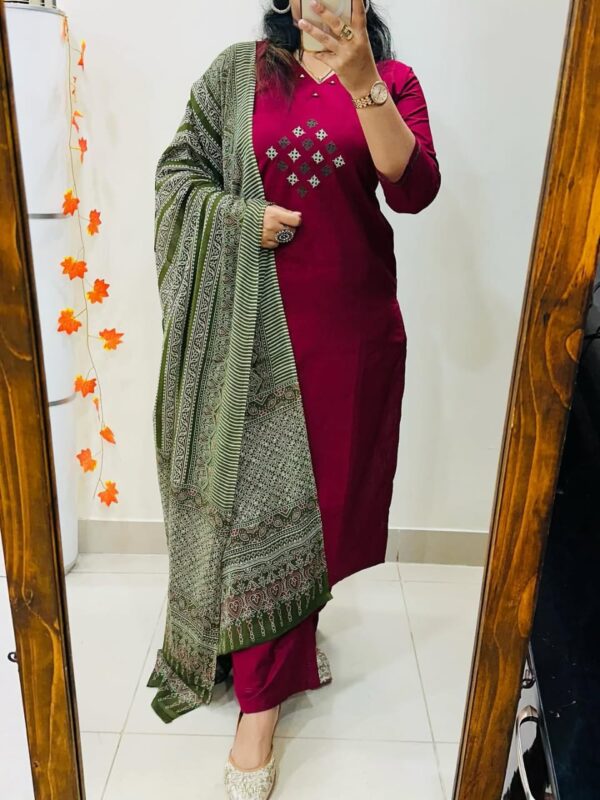 Heavy Embroidery Cotton Kurti, Pant and Dupatta Set, Fully Stitched, Single Color, Pure Fine Fabric